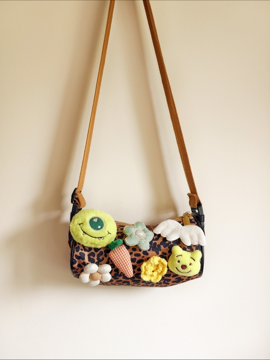 Handmade Handbags - Leopard Print Crossbody Bag with Fun Charms - Rust Strap